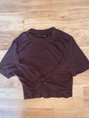 Brown Twisted Front Ribbed Crop Top